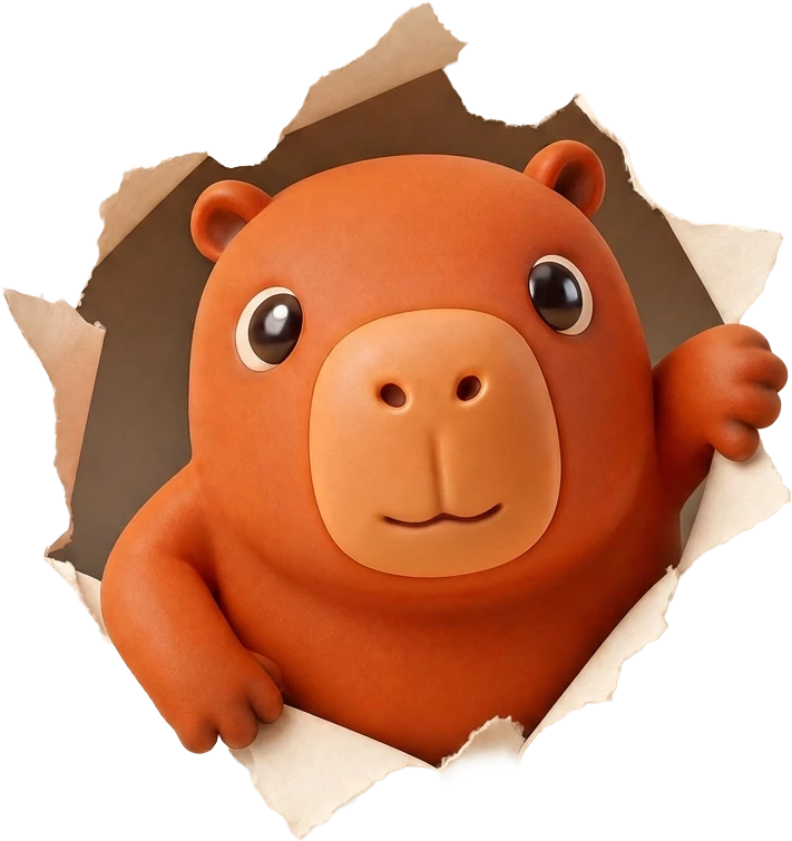 Klido the capybara bursting through paper